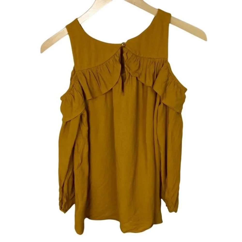 Anthropologie Maeve Brearly Mustard‎ Yellow Open Shoulder Ruffle Top Size 2 Boho - Picture 5 of 15